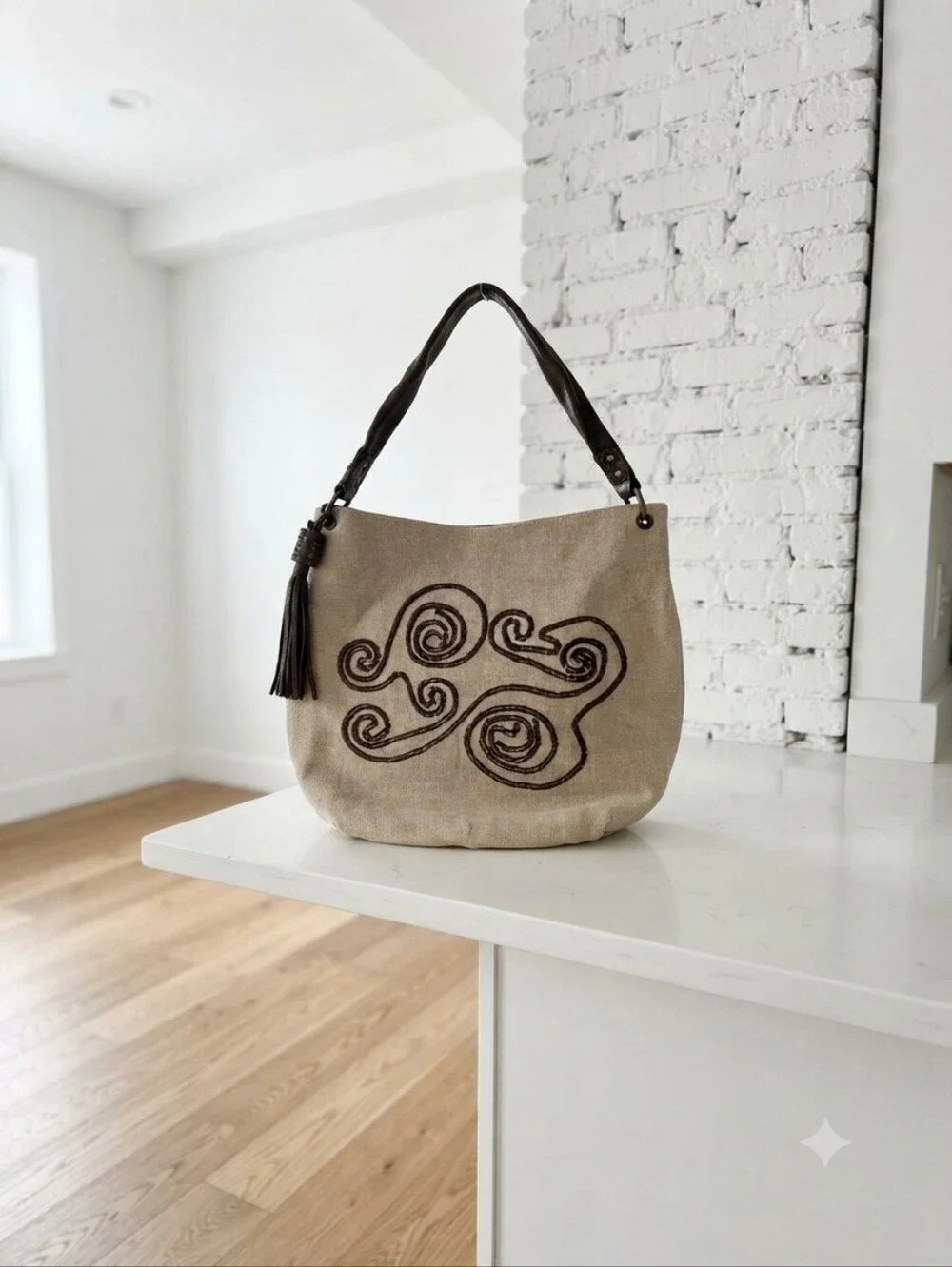 Kate Landry Beige Canvas Hobo with Dark Brown Trim and Tassel